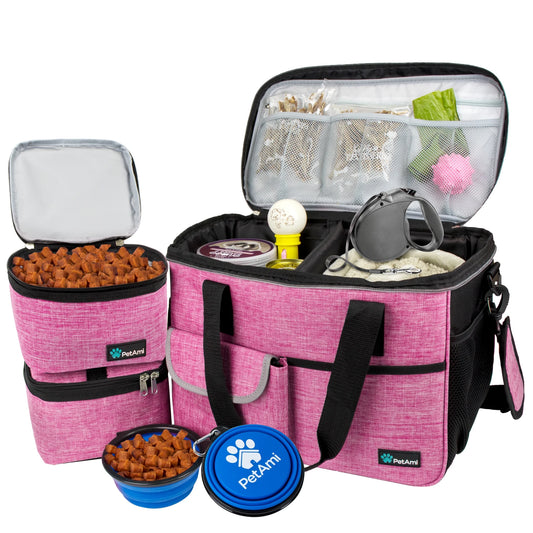Dog Travel Bag, Travel Pet Bag Organizer, Dog Food Travel Bag with Food Container and Bowls, Dog Travel Supplies Gift Accessories for Weekend Camping, Dog Cat Diaper Bag (Pink, Medium)