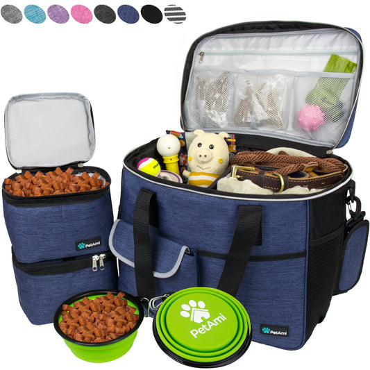 Dog Travel Bag, Travel Pet Bag Organizer, Dog Food Travel Bag with Food Container and Bowls, Dog Travel Supplies Gift Accessories for Weekend Camping, Dog Cat Diaper Bag (Navy, Large)