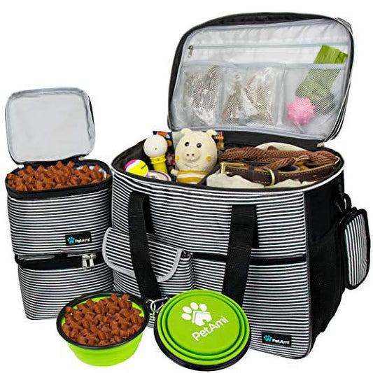 Dog Travel Bag, Travel Pet Bag Organizer, Dog Food Travel Bag with Food Container and Bowls, Dog Travel Supplies Gift Accessories for Weekend Camping, Dog Cat Diaper Bag (Stripe Black, Large)