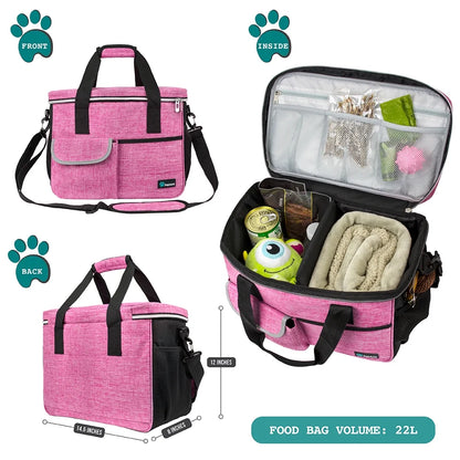 Dog Travel Bag, Travel Pet Bag Organizer, Dog Food Travel Bag with Food Container and Bowls, Dog Travel Supplies Gift Accessories for Weekend Camping, Dog Cat Diaper Bag (Pink, Medium)