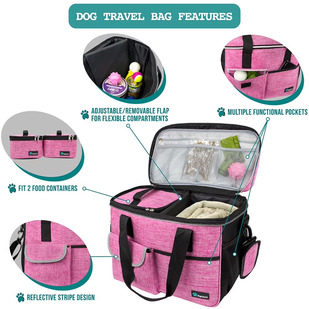Dog Travel Bag, Travel Pet Bag Organizer, Dog Food Travel Bag with Food Container and Bowls, Dog Travel Supplies Gift Accessories for Weekend Camping, Dog Cat Diaper Bag (Pink, Medium)